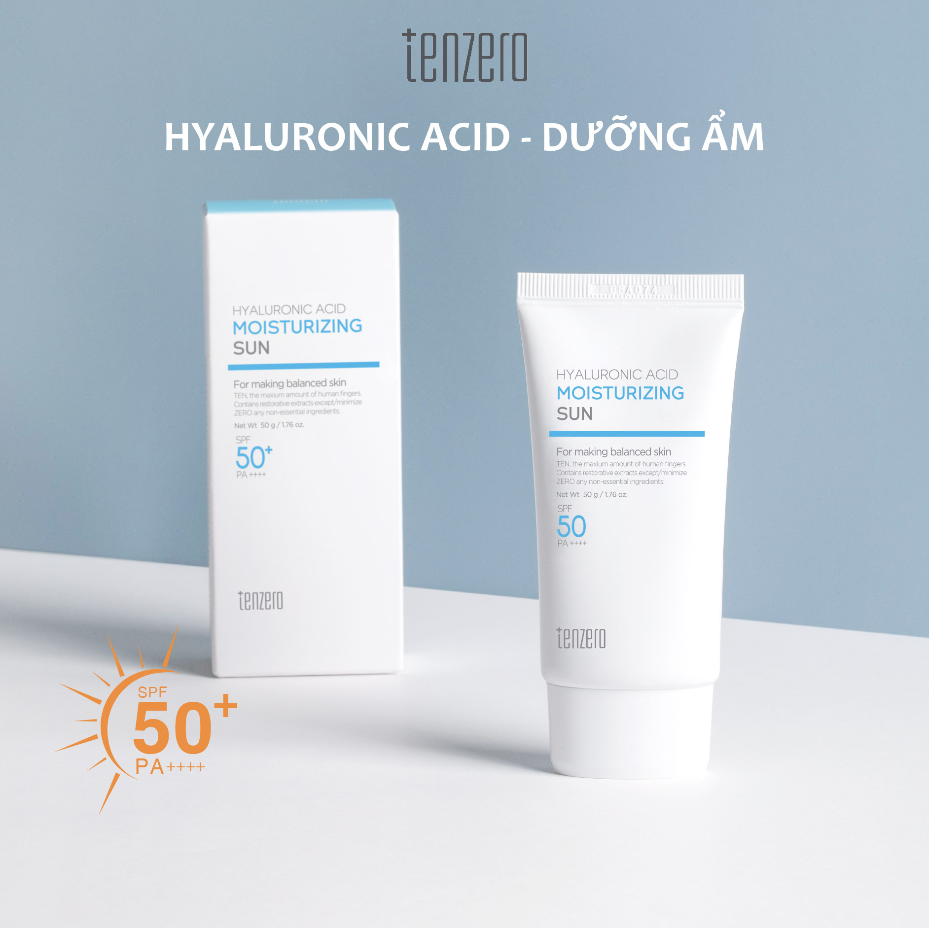 Kem chống nắng SPF50 PA ++++ kết hợp dưỡng ẩm Tenzero Hyaluronic Acid Moisturizing Sun 50g