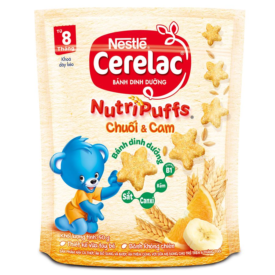 Bánh Ăn Dặm Nestlé CERELAC Nutripuffs Vị Chuối Cam - Gói 50g