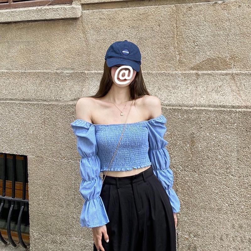 Áo croptop nhún tay dài kẻ sọc summer 2021