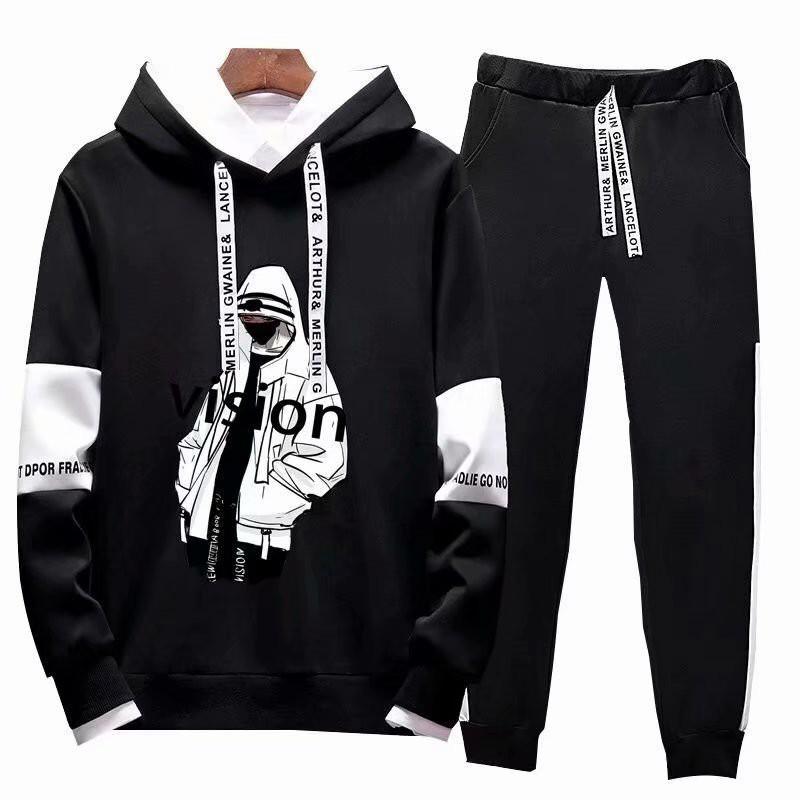 Set áo hoodie tay dài + quần in họa tiết phong cách Âu Mỹ năng động cá tính