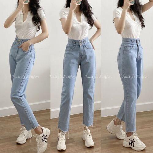 Quần Jean Nữ Dáng Baggy Cạp Lưng Cao Trơn Chất Bò Dày Dặn Màu Xanh Nhạt Sáng ThunderUniex Phong Cách Hàn Quốc Ulzzang