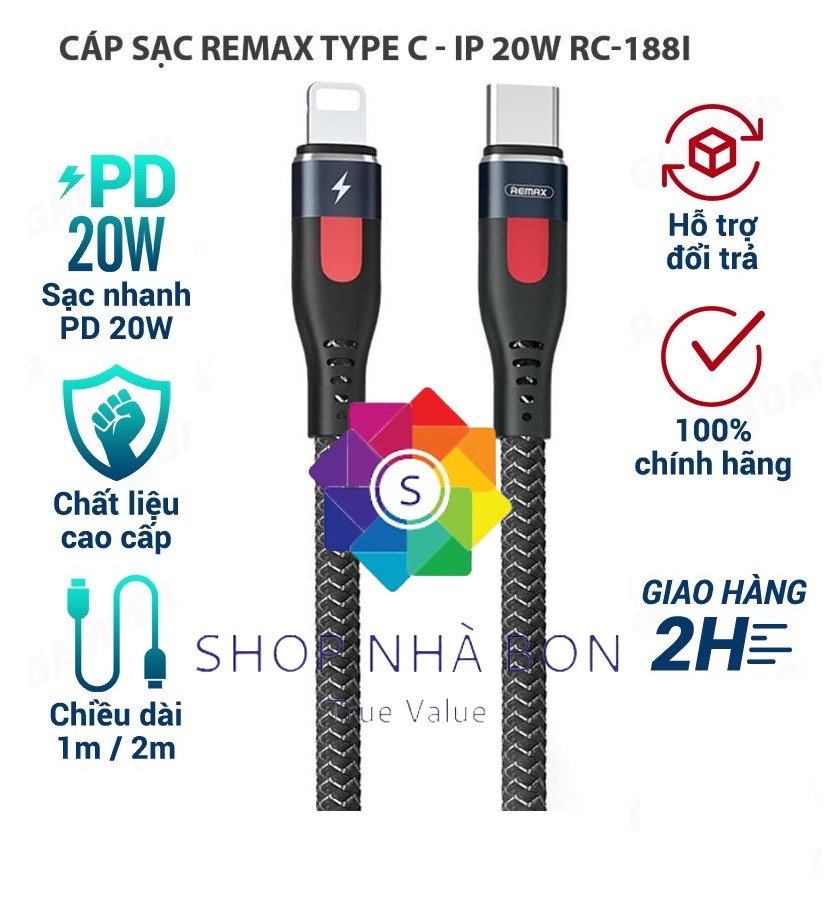 Cáp sạc siêu nhanh Type C to IP dùng cho Iphone, Ipad Remax RC-188i- Hàng nhập khẩu