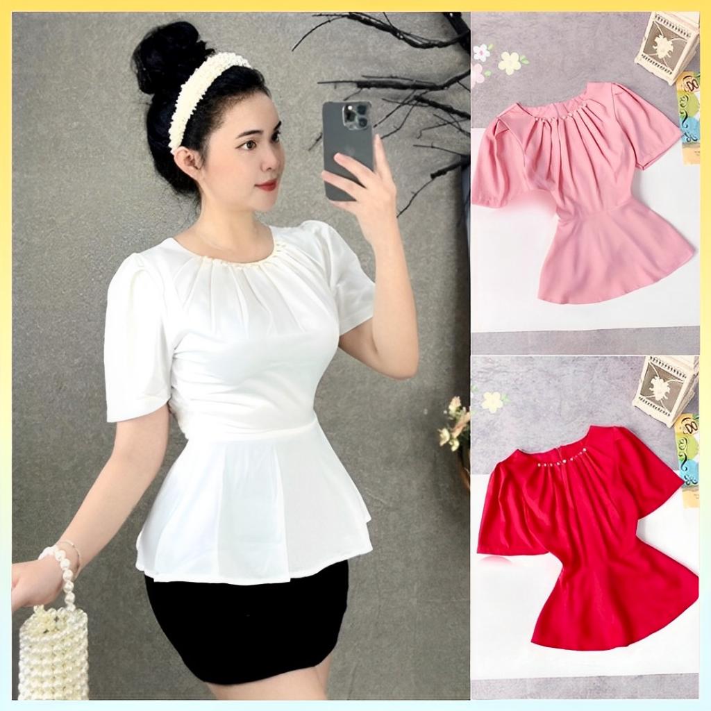 [L2M] Áo sơ mi kiểu nữ peplum CỔ XẾP LY ĐÍNH NGỌC có chun lưng giấu bụng hiệu quả