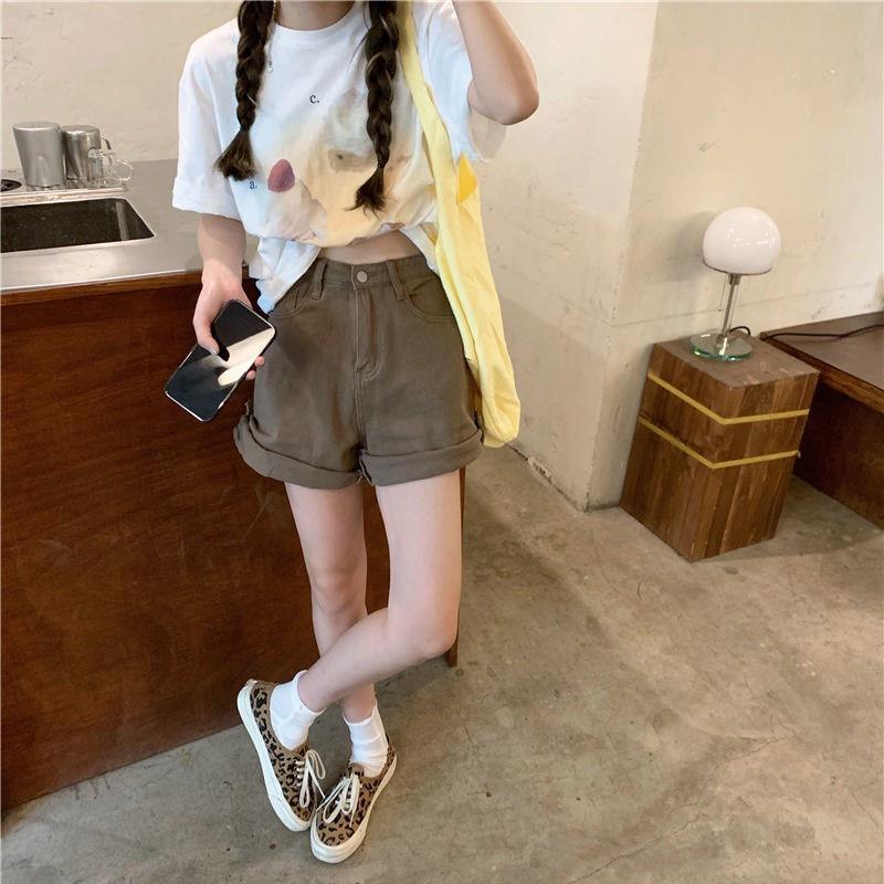 Quần Sooc nữ, quần short nữ jean lưng cao màu nâu tây