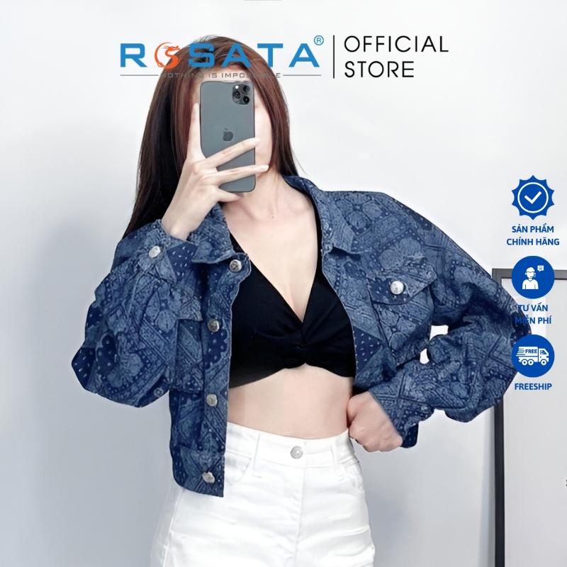 Áo khoác nữ croptop jean ROSATA K30 phối thổ cẩm Freesize tay dài 2 túi hộp thoáng mát