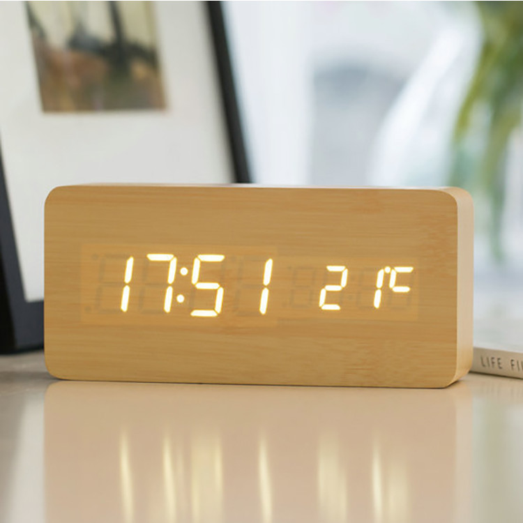 Đồng hồ gỗ để bàn hình khối chữ nhật mặt số hiển thị LED - Đo nhiệt độ phòng - Cảm biến Âm thanh GB-DHG03