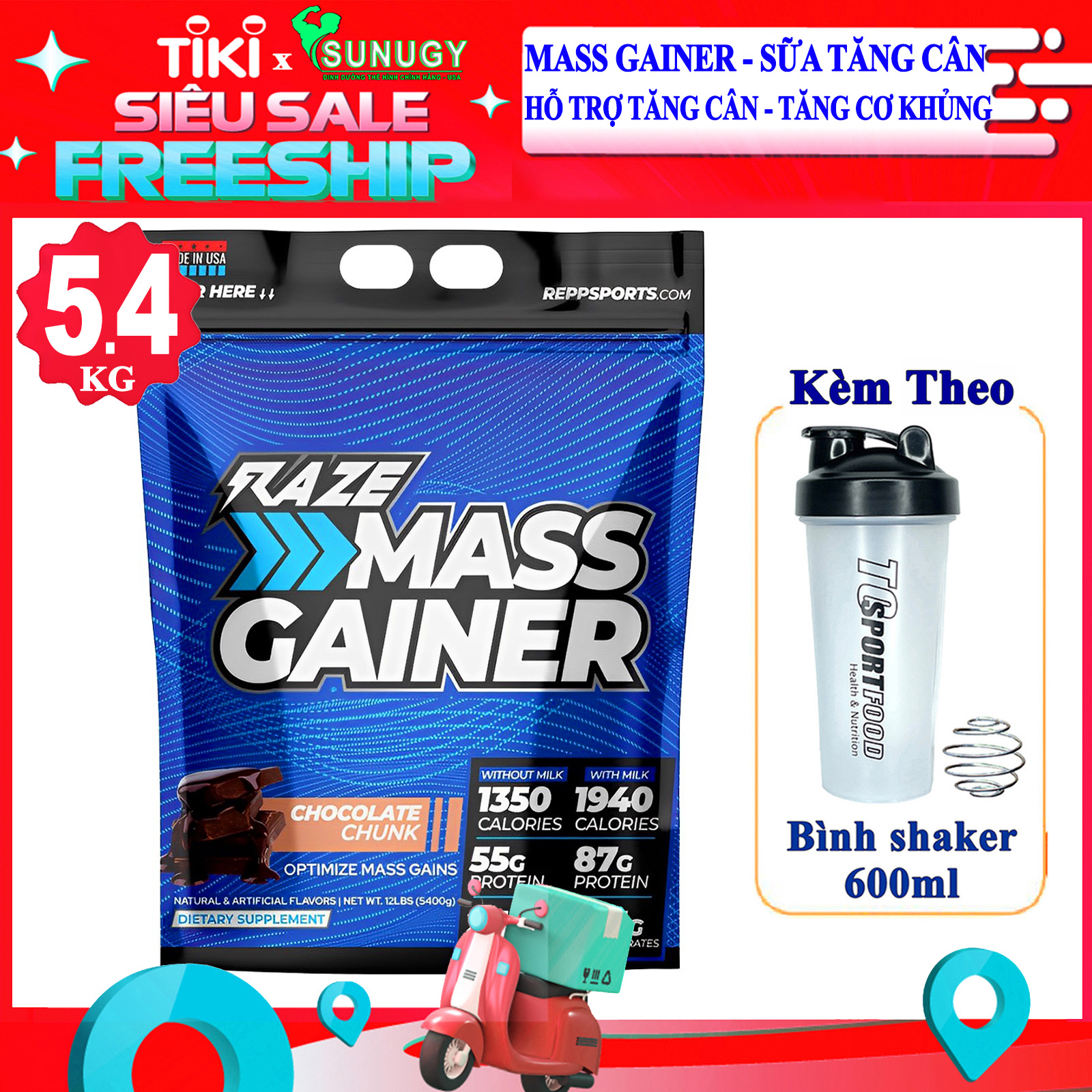 Combo Sữa tăng cân tăng cơ cao cấp RAZE Mass Gainer của REPP SPORTS hỗ trợ tăng cân, tăng cơ nạc bịch lớn 5.4kg &amp; Bình shaker 600ml (Mẫu ngẫu nhiên)