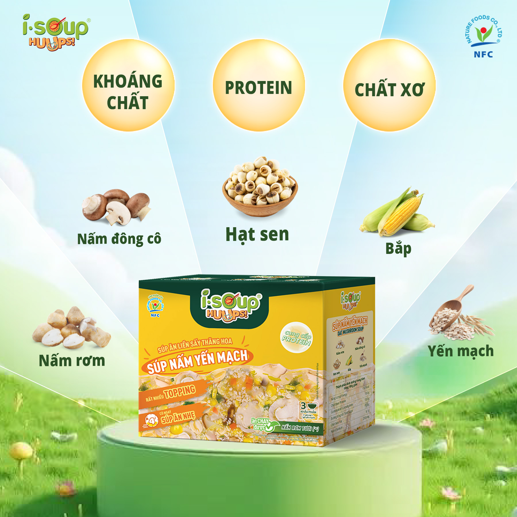 Súp Nấm Yến Mạch Ăn Liền ISOUP HUUPS Ngon,Dinh Dưỡng,Tiện Lợi (Hộp X 3 Viên) - Súp Ăn Liền Sấy Thăng Hoa