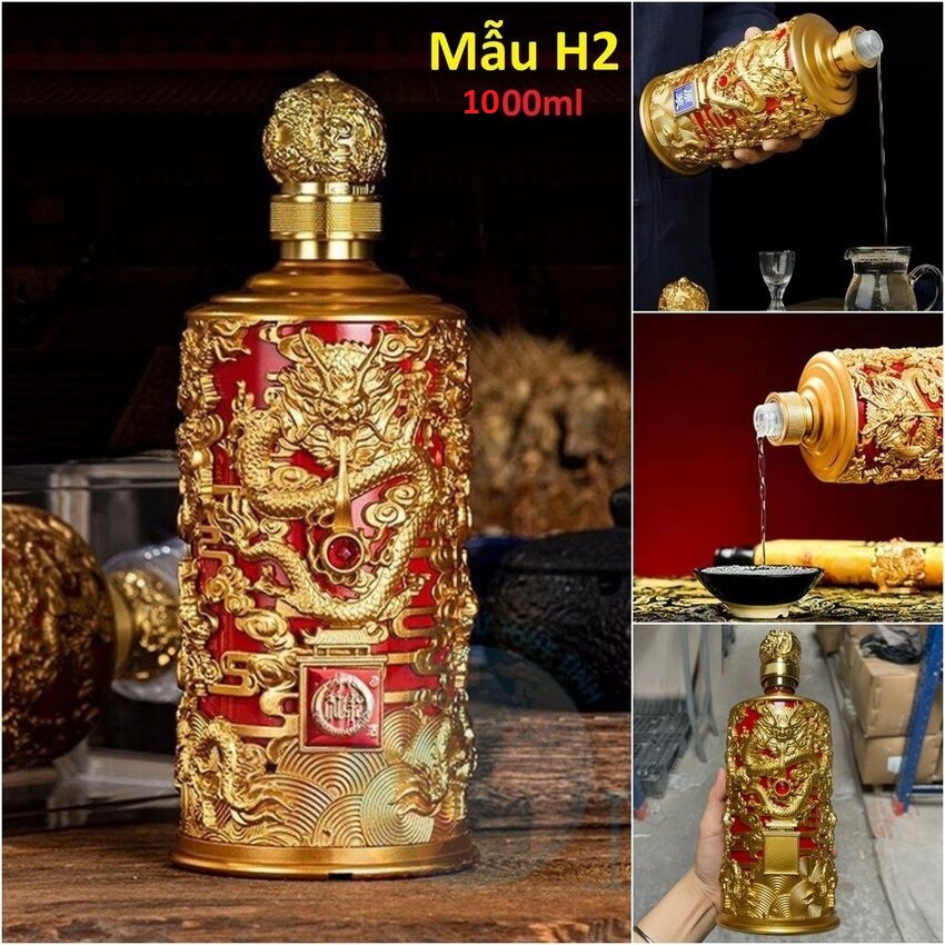 Bình Đựng Rượu Thủy Tinh 1000ML đế vương hoa văn rồng – 4 màu lựa chọn - Chai Đựng Rượu Thủy Tinh 1 Lít – Vỏ Chai Rượu Đẹp