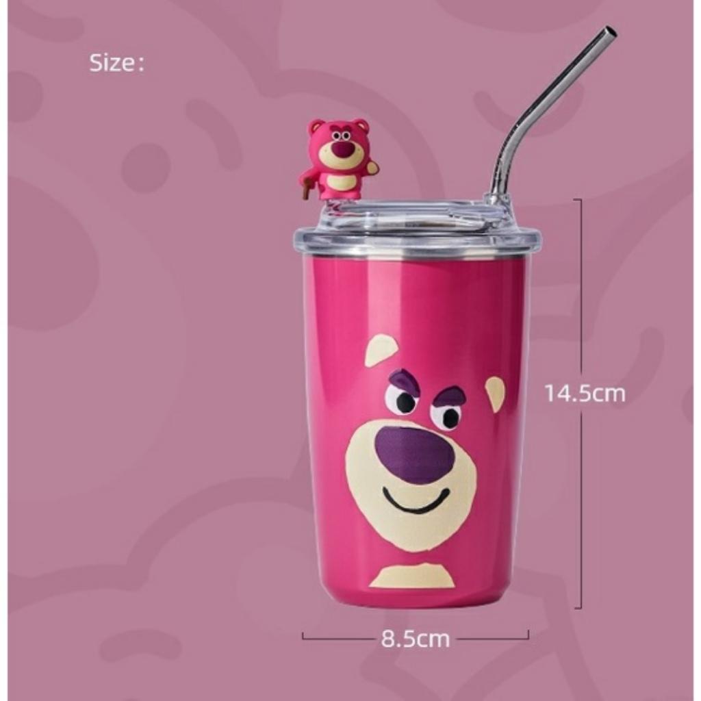 Ly giữ nhiệt gấu dâu inox 304 dung tích 450ml kèm sticker 3d và ống hút siêu xinh