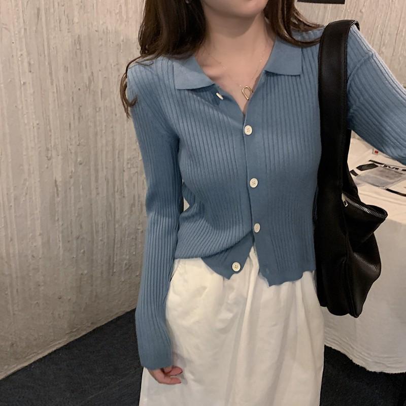 Xiaozhainv Áo Cardigan Dệt Kim Tay Dài Cổ Bẻ Phong Cách Hàn Quốc