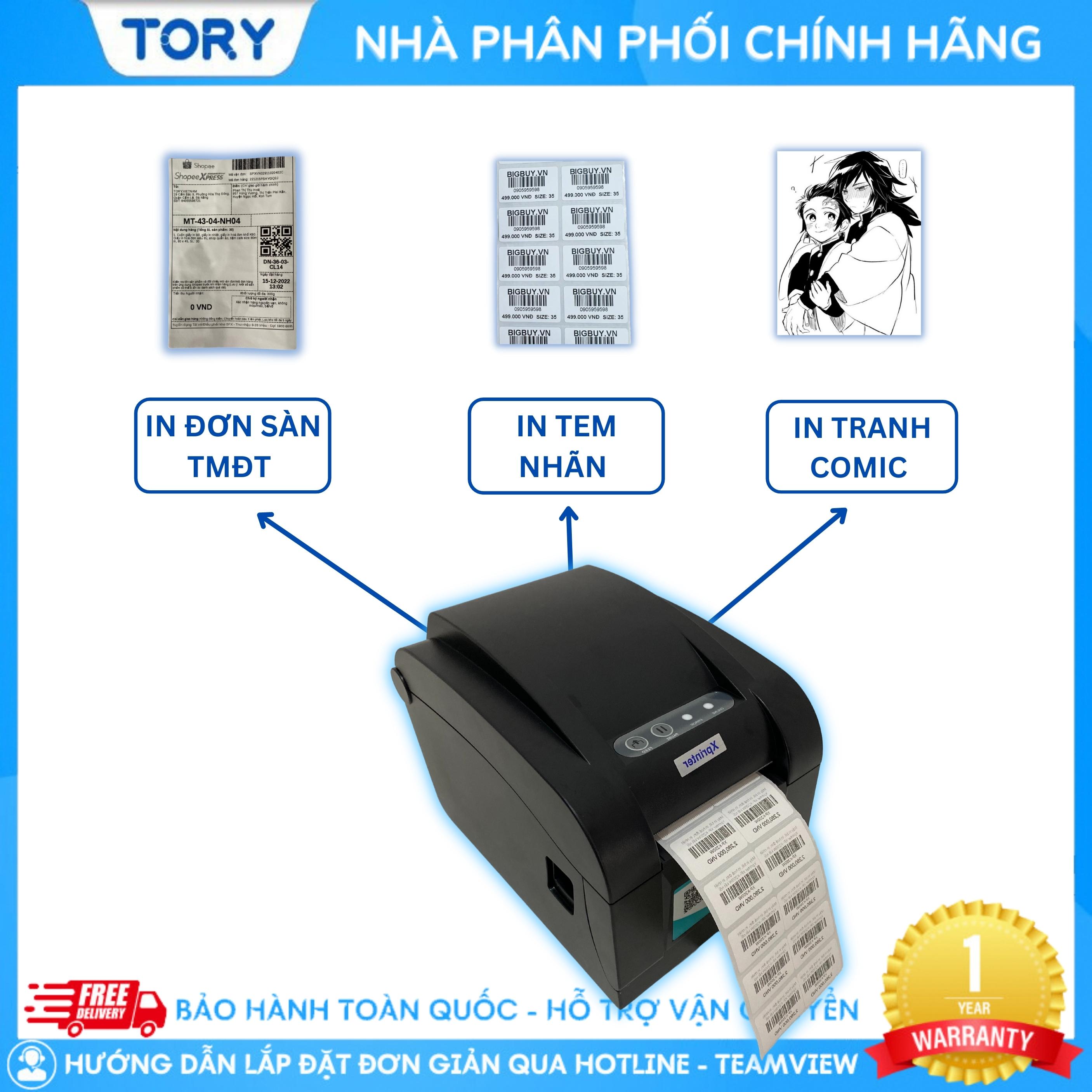 Máy in tem nhãn, mã vạch Xprinter XP-350B cổng USB. Máy in đơn hàng, in tem, in vận đơn TMĐT khổ A7