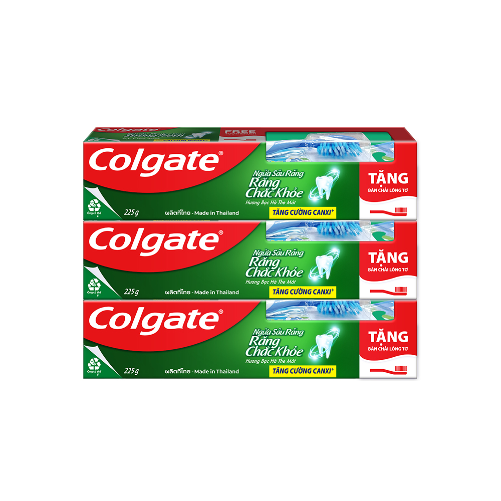 Bộ 3 kem đánh răng Colgate ngừa sâu răng răng chắc khỏe 225g/ tuýp tặng bàn chải lông tơ cao cấp Thái Lan