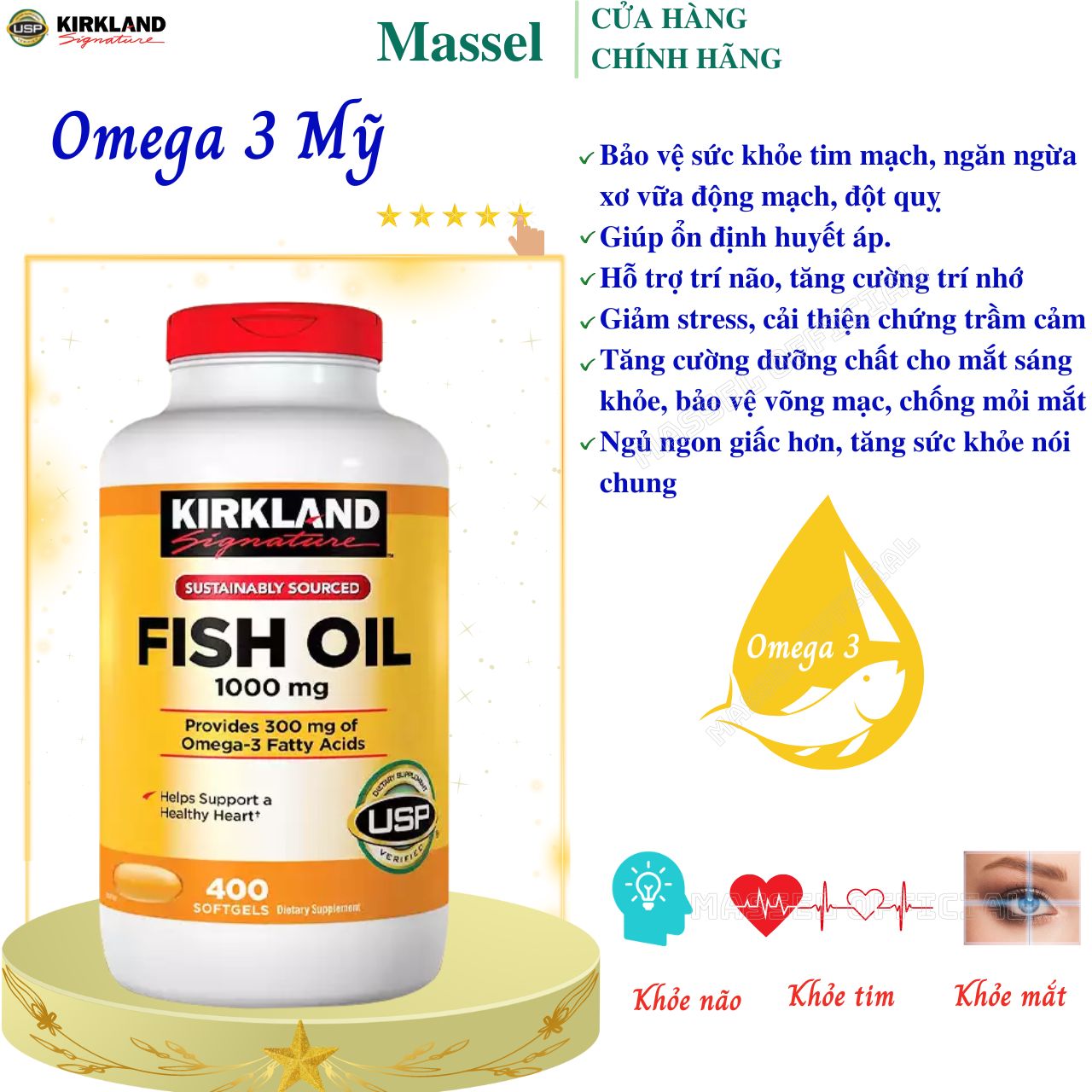 Dầu Cá Omega 3 Kirkland Signature Fish Oil Bổ não, bổ mắt, Hỗ trợ sức khỏe tim mạch, khớp - Massel Official