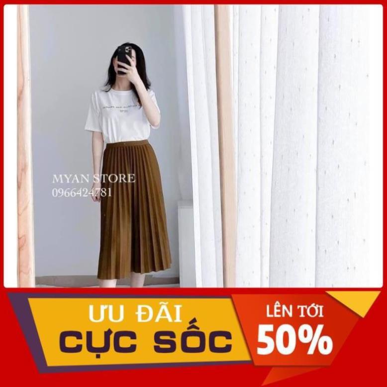 SET ÁO THUN CHỮ TRẮNG MIX CHÂN VÁY XẾP LY NÂU cực xinh
