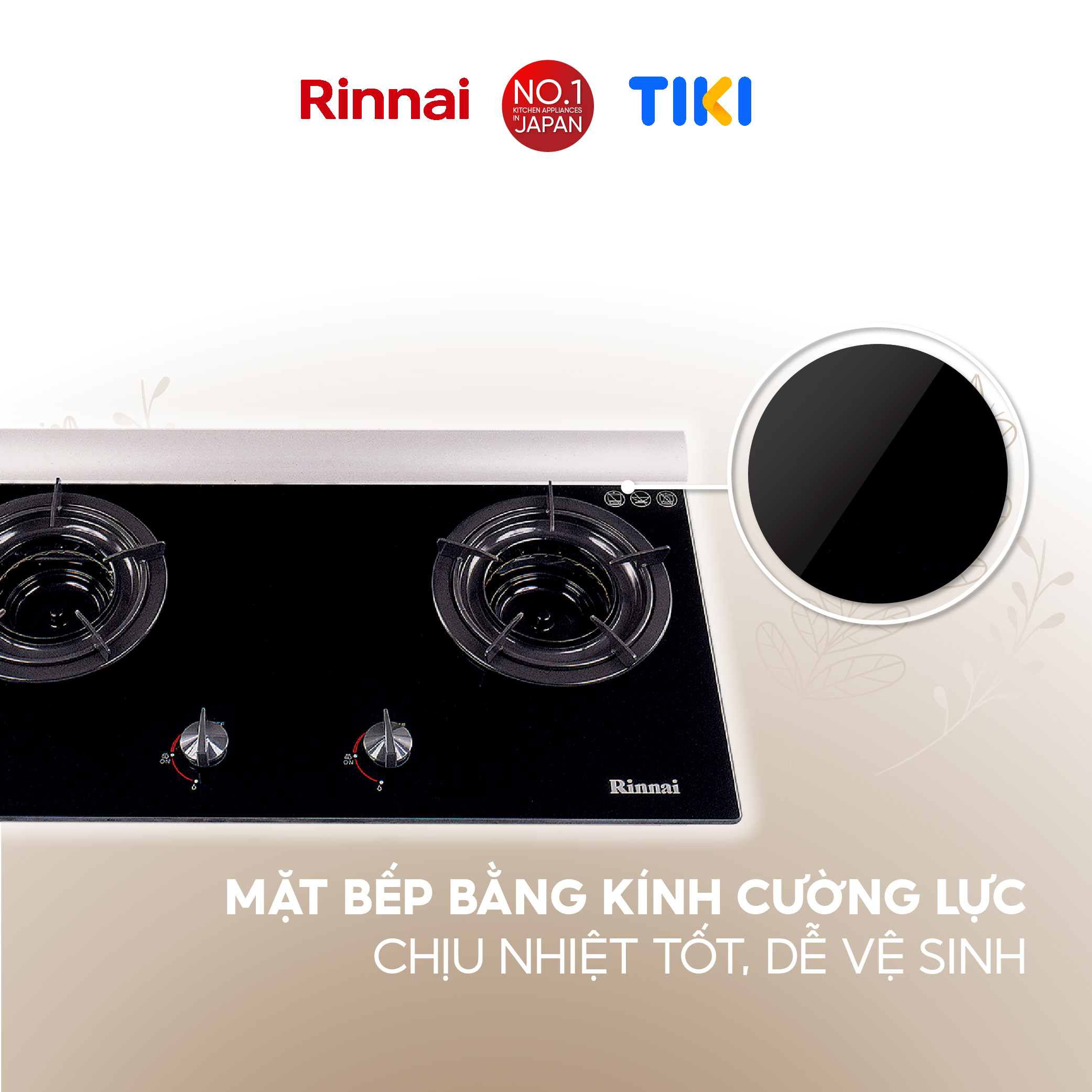 Bếp gas âm đầu đốt trong Rinnai RVB-2Gi(B) mặt bếp kính và kiềng bếp men - Hàng chính hãng