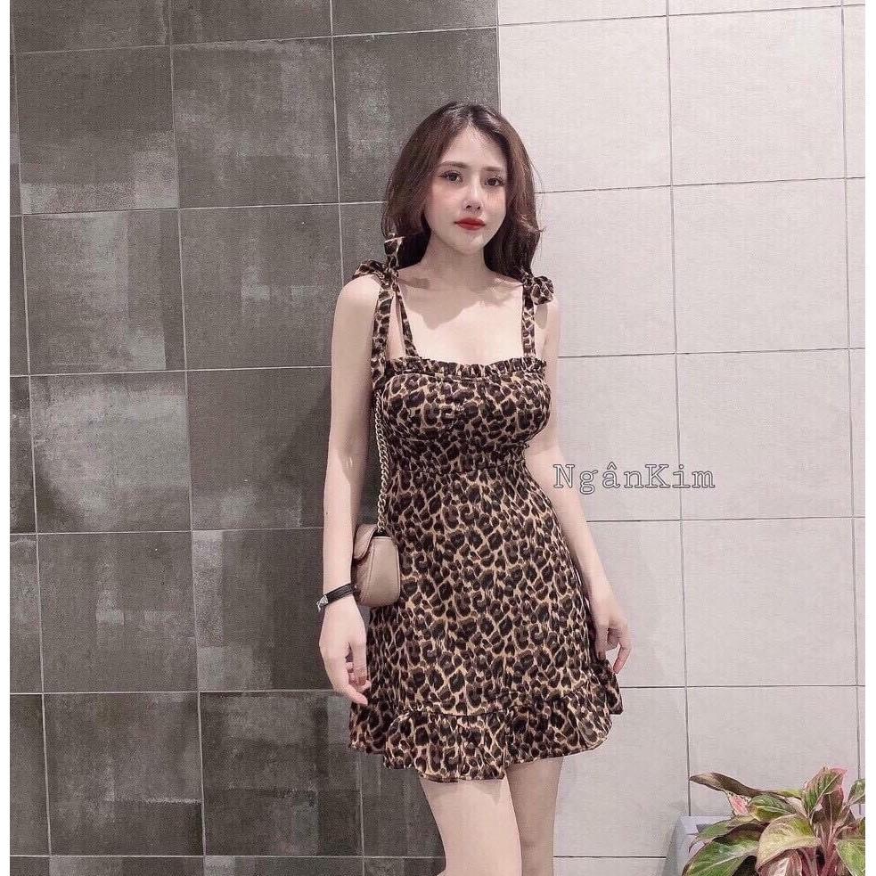 Đầm xoè 2s cột nơ hoạ tiết da beo kèm mút