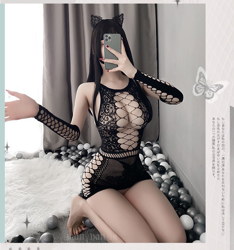 Đồ ngủ nữ Sexy thun lưới Bodystocking Cosplay bó sát đan ngực có găng tay