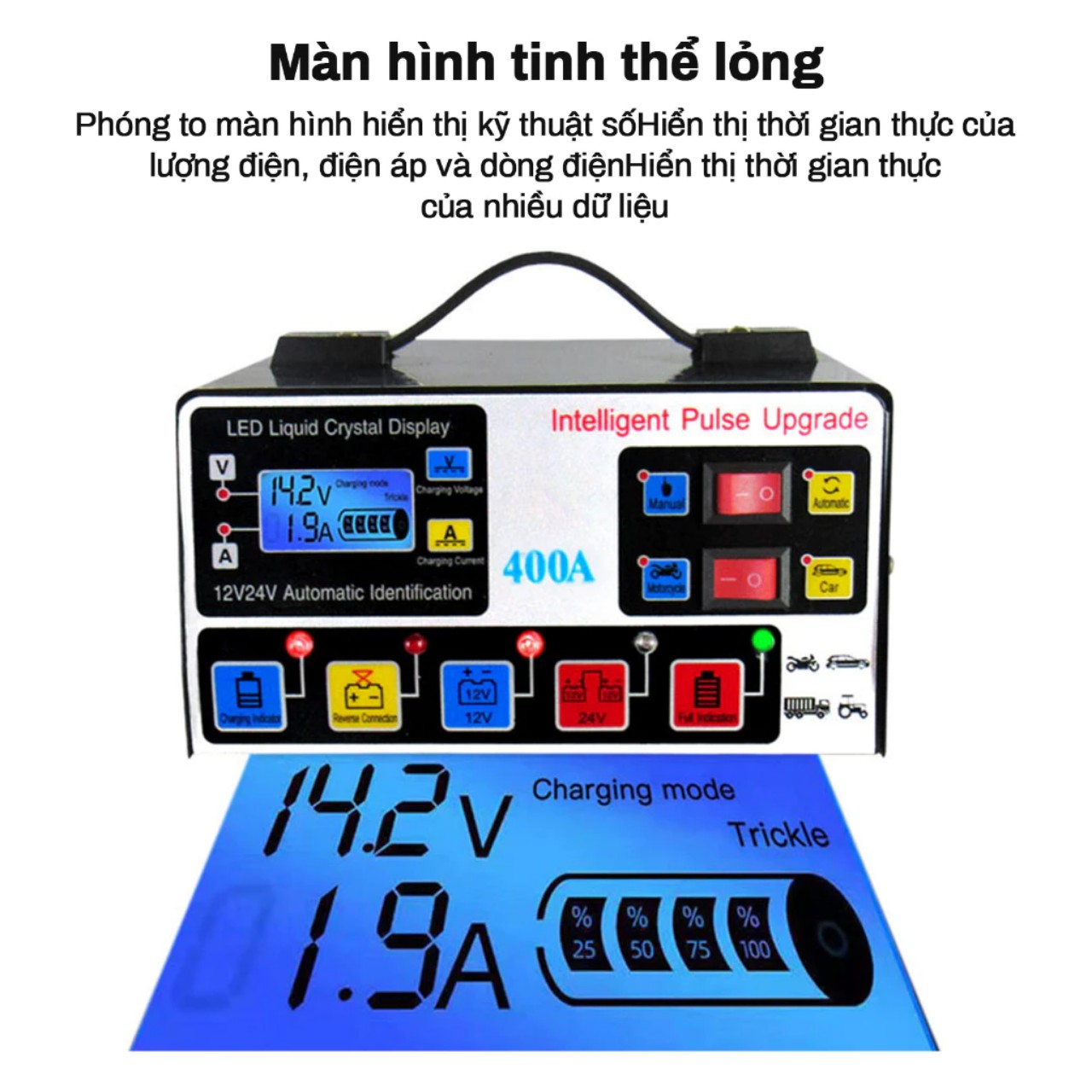 Sạc Ắc Quy Ô Tô &amp; Xe Máy Pluse 400A: Thông Minh, Tự Ngắt Khi Đầy, Khử Sulfat &amp; Bảo Dưỡng Ắc Quy Loại Tốt