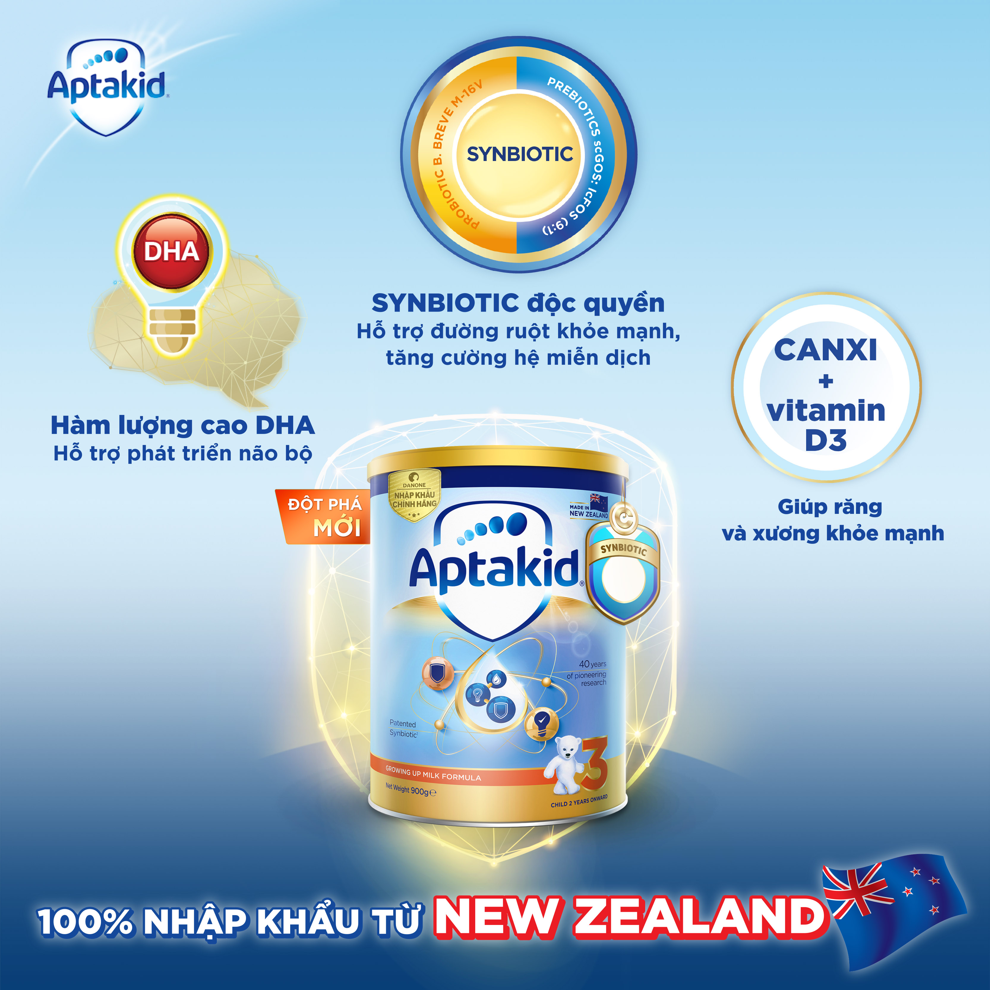 (Tặng khẩu trang cho mẹ và bé) Sữa bột Aptakid New Zealand hộp thiếc (900g) cho bé trên 24 tháng tuổi