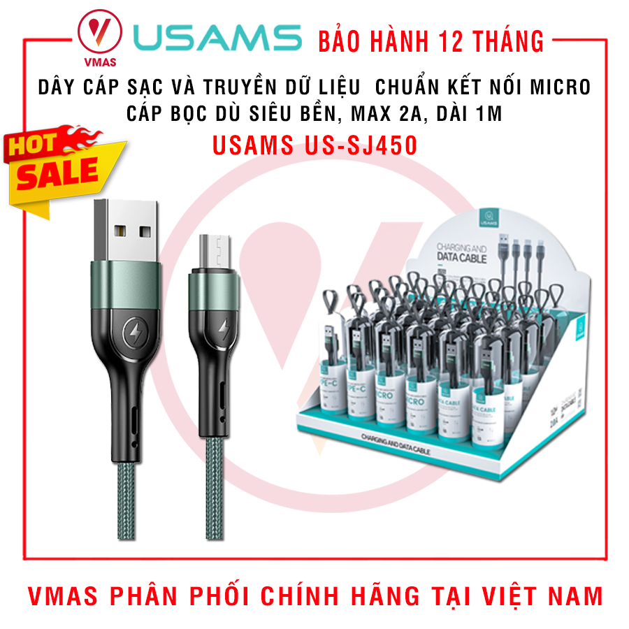 Dây Cáp sạc nhanh và truyền dữ liệu bọc dù USAMS US-SJ450 chuẩn kết nối Micro, dài 1m, hàng chính hãng