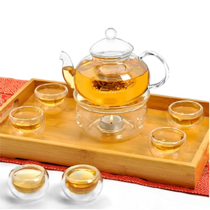 Bộ Ấm Trà thủy tinh 6 Tách Trà Thuỷ Tinh 2 lớp Cao Cấp ấm 600ml chịu nhiệt kèm đế nến tặng nến - Hàng chính hãng