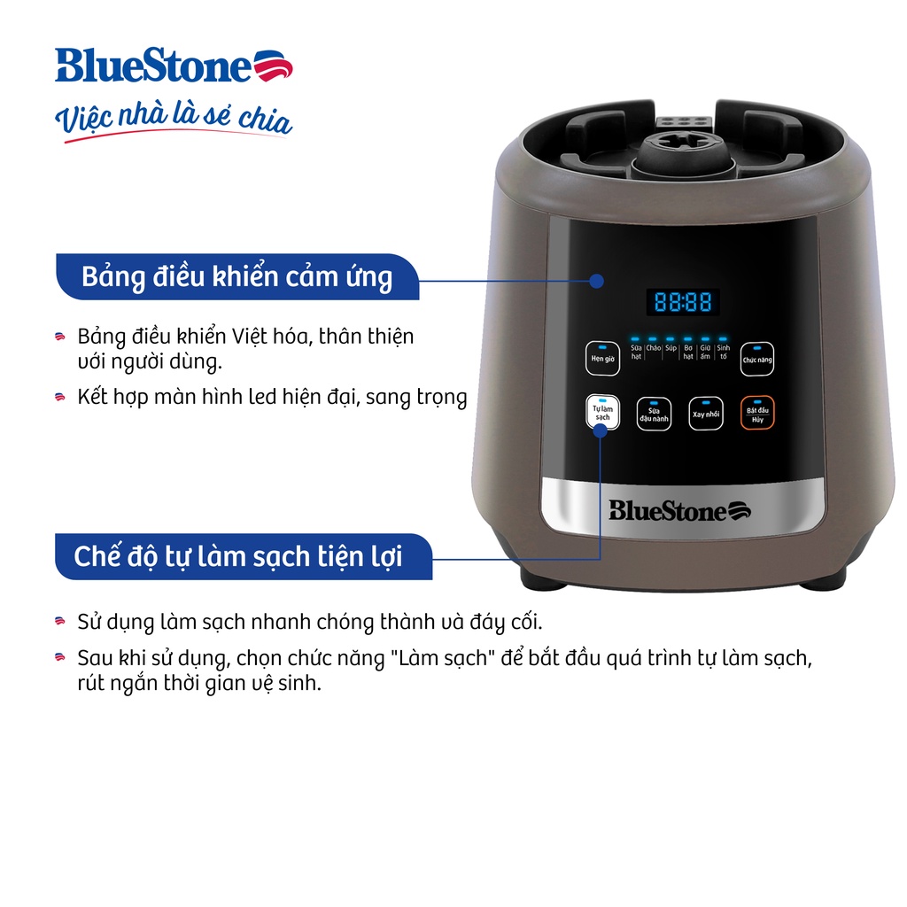 Máy Làm Sữa Hạt Đa Năng Bluestone BLB-6031, Cối Thủy Tinh Borosilicate 1.75L - Lưỡi Dao 8 Cánh 1600W, Hàng Chính Hãng