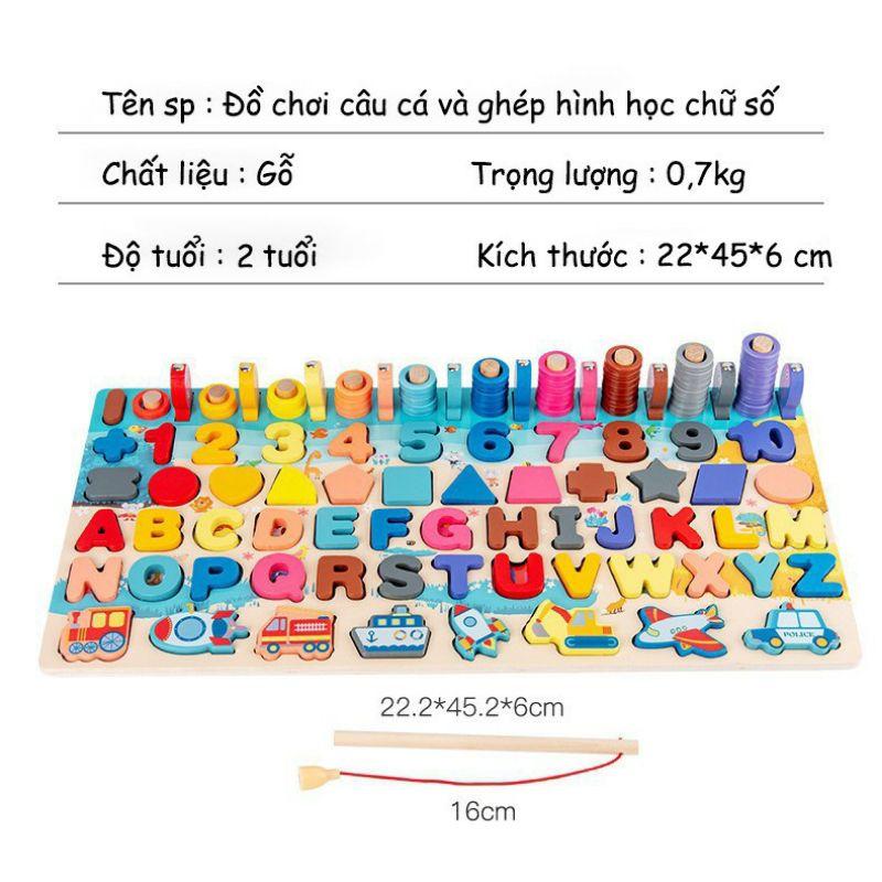 Đồ chơi bảng gỗ 6in1 câu cá và ghép hình học, chữ Số, chữ Cái, phương tiện cho bé