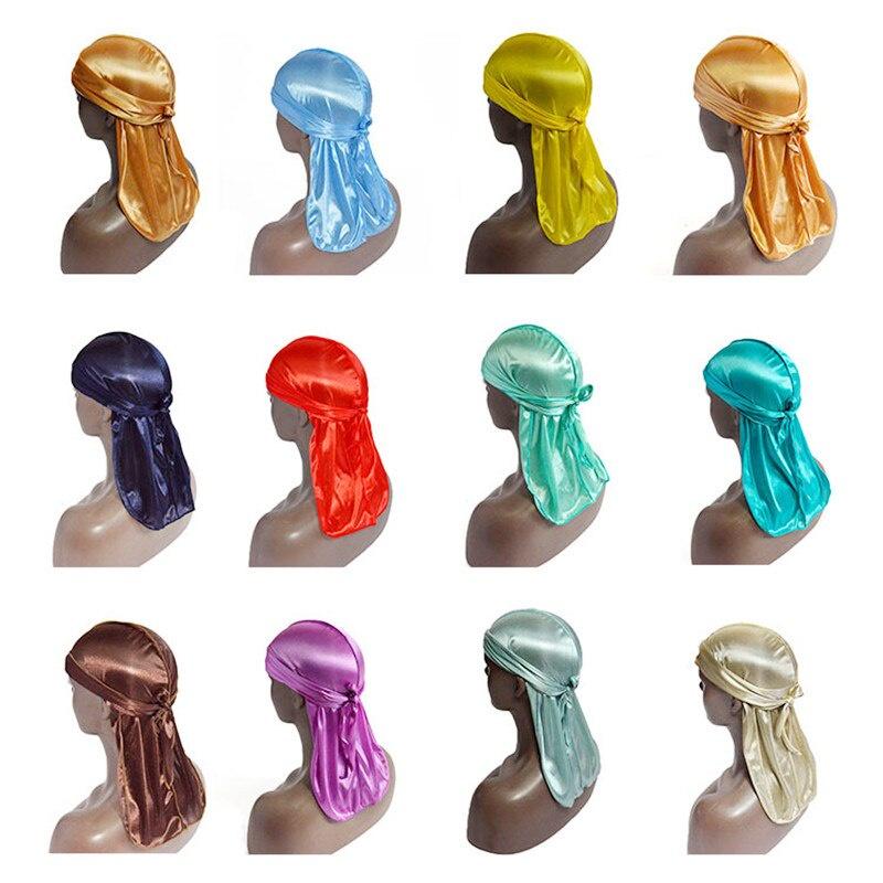 Satin men Stretchy Cap Hip Hop Du Doo Rag Durag Wigs Turban Bandana Headwear Solid Color long Hat Tie Down tail Hair Accessories