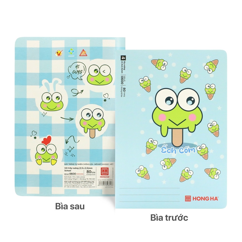 Lốc 5 Vở 4 ô ly Hồng Hà 80 trang School ẾCH CỐM 0600 - Định lượng 100gsm, Giấy trắng tự nhiên chống lóa