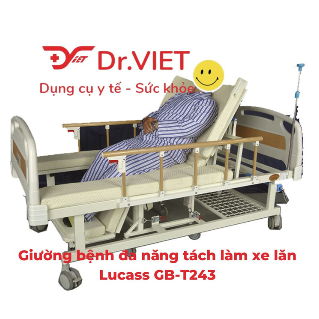 Giường bệnh đa năng tách làm xe lăn Lucass GB-T243 thiết bị y tế hỗ trợ cho người bệnh, có thể tách làm xe lăn để di chuyển tiện lợi, thiết kế chắc chắn, tải trọng đến 200kg,  hỗ trợ cho người bệnh và người chăm sóc rất nhiều trong cuộc sống hằng ngày.