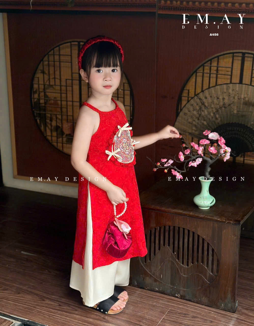 Áo dài cổ yếm phối quần suông cho bé gái mẫu Nàng xuân thướt tha mặc lễ tết năm mới biễu diễn 10-40kg