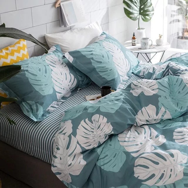 Bộ chăn ga gối cotton cao cấp PL1 Lá khoai xanh