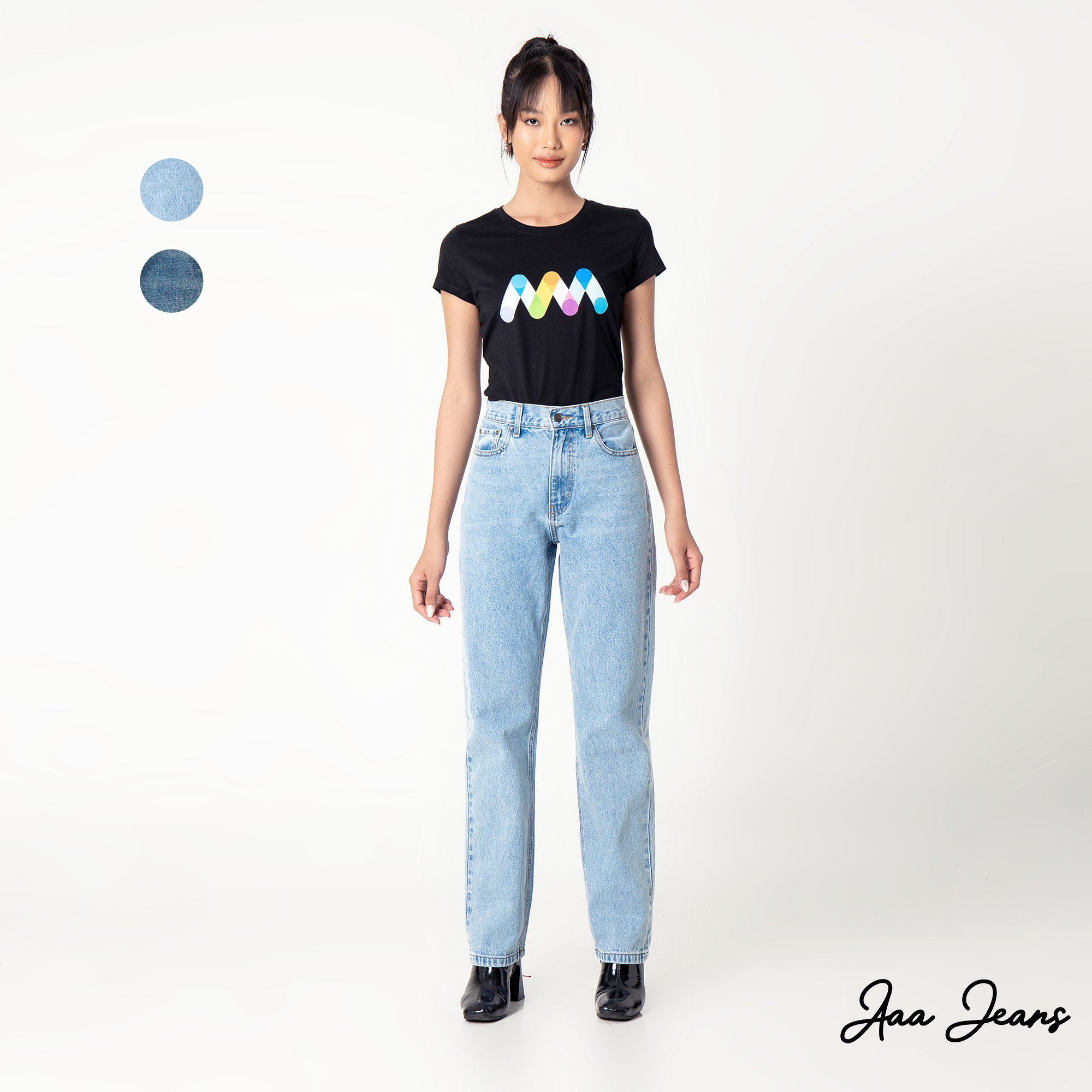 Quần jeans nữ ống đứng slim fit lưng cao Aaa Jeans