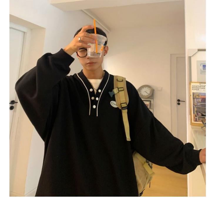 Áo Sweater Nỉ Unisex Viền Cổ Phối Nút Form Rộng Ulzzang ZoZo_Unisex