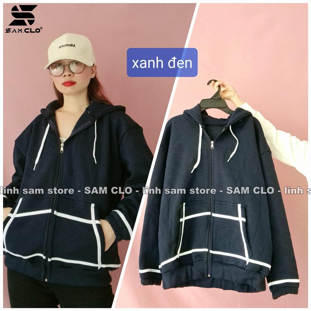 Áo khoác nỉ SAM CLO có mũ khóa kéo freesize nữ dáng unisex CÓ BO VIỀN TRẮNG
