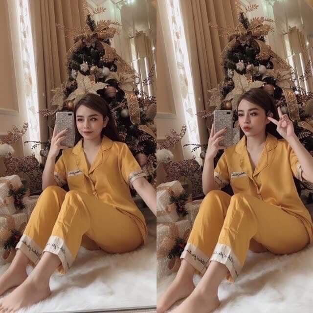 Bộ Pijama satin lụa, quần dài có túi, hàng cao cấp