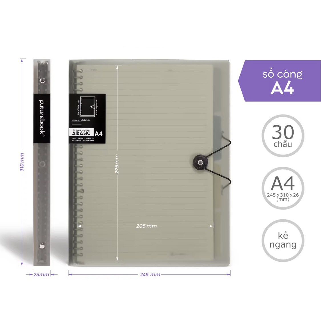 FUTUREBOOK-Sổ Còng Binder Aibasic A4 30 chấu, Kèm Ruột Sổ Refill-120 Trang–Định Lượng 100Gsm_Dòng kẻ Caro_Kẻ Ngang