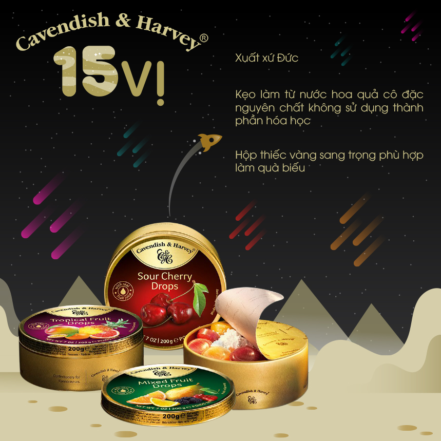 Kẹo Trái Cây Không Đường Cavendish &amp; Harvey (175g) Sugar Free Mixed Fruit Cao Cấp Hộp Thiếc Bạc Nhập Khẩu