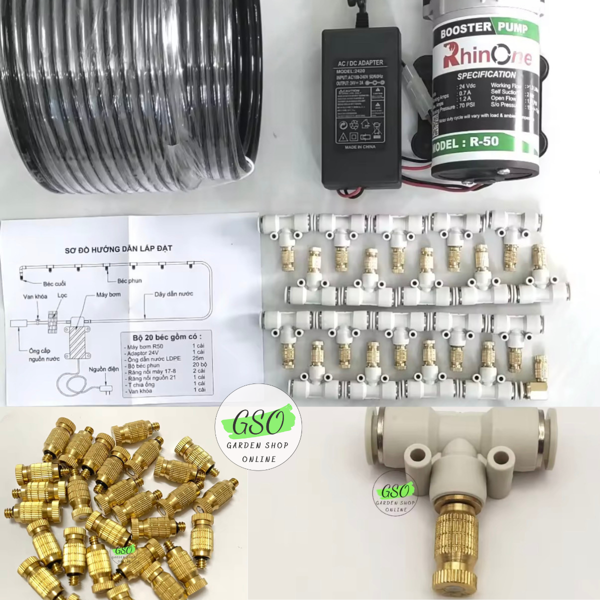 Bộ máy phun sương làm mát giảm nhiệt mùa hè, tạo ẩm không khí đầy đủ phụ kiện 20 béc, 30 béc- Bảo hành máy 6 tháng
