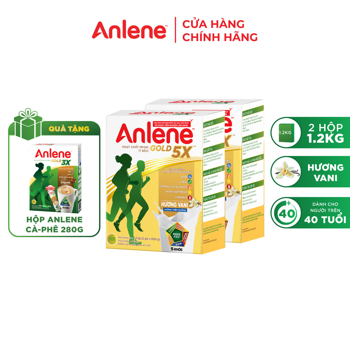Combo 2 Sữa Bột Anlene Gold 5X Hương Vanilla (Hộp giấy 1200g) tặng nồi lẩu inox