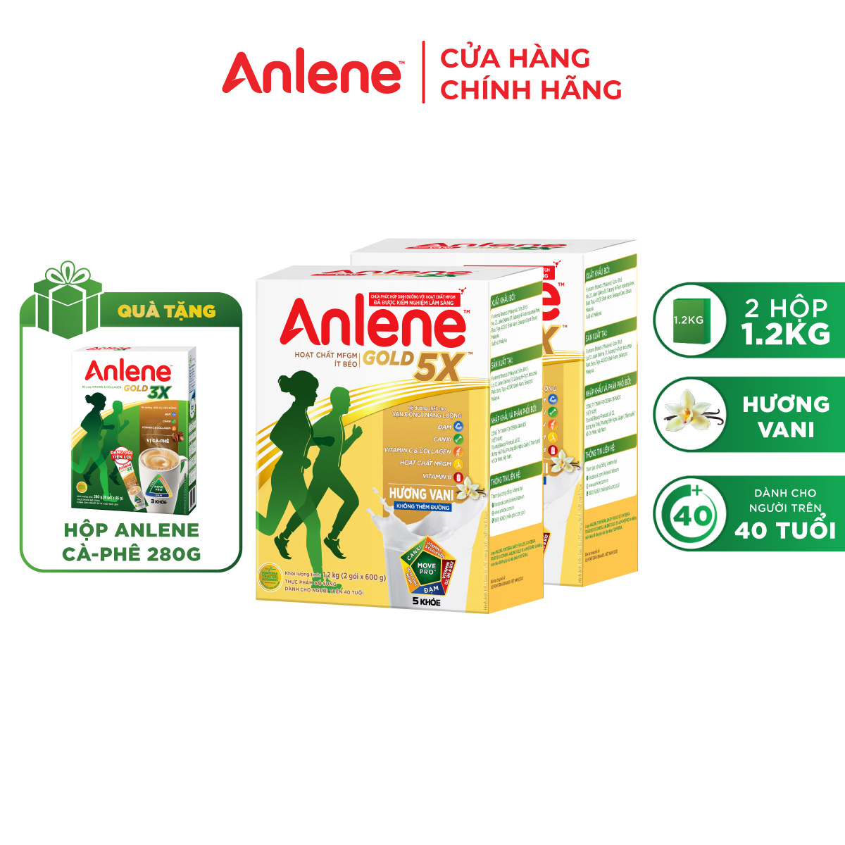 Combo 2 Sữa Bột Anlene Gold 5X Hương Vanilla (Hộp giấy 1200g) tặng hộp Anlene cafe 280g