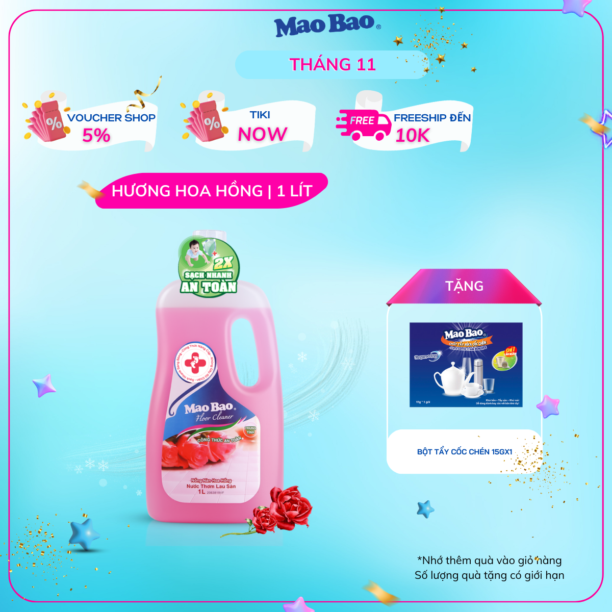 Nước Lau Sàn Diệt Khuẩn Mao Bao Hương Hoa Hồng chai 1000ml