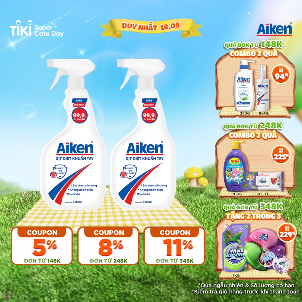 Combo 2 Xịt Diệt Khuẩn Tay Aiken 520ml