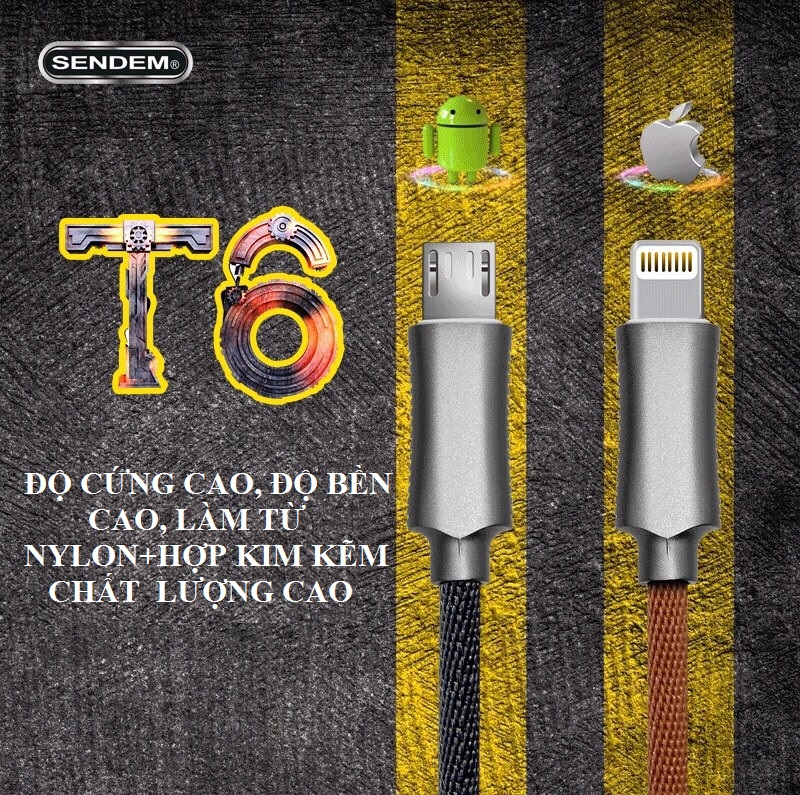 Cáp sạc nhanh SENDEM T6 MicroUSB bọc kim loai dây dù - Hàng chính hãng