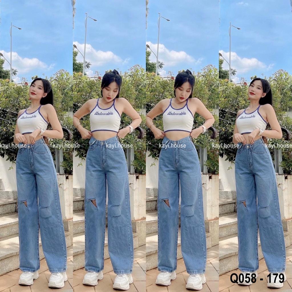 Quần Jeans Suông Cạp Cao Ống Rộng Rách Gối Cá Tính Phối Nắp Túi Q058