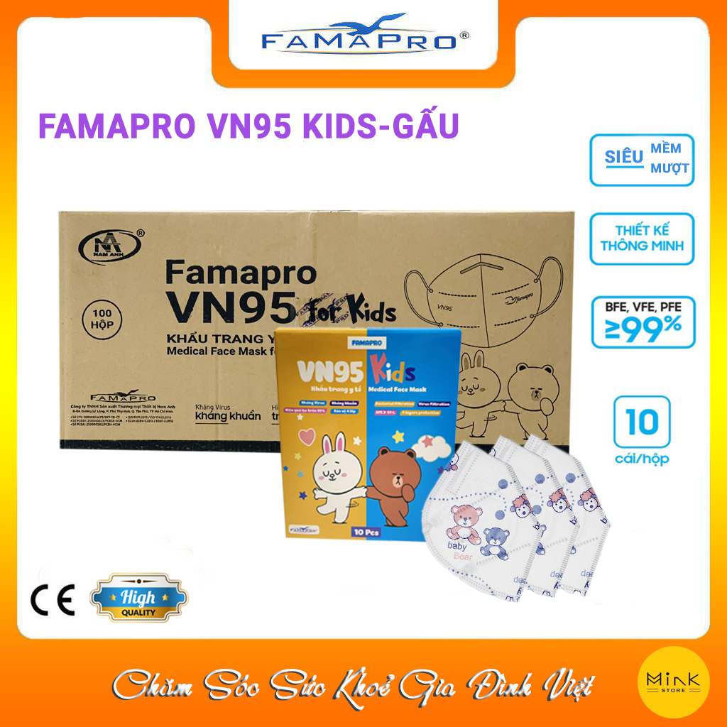 [THÙNG - FAMAPRO VN95 KIDS] - Khẩu trang y tế trẻ em Famapro VN95 KIDS (1000 cái/ thùng)