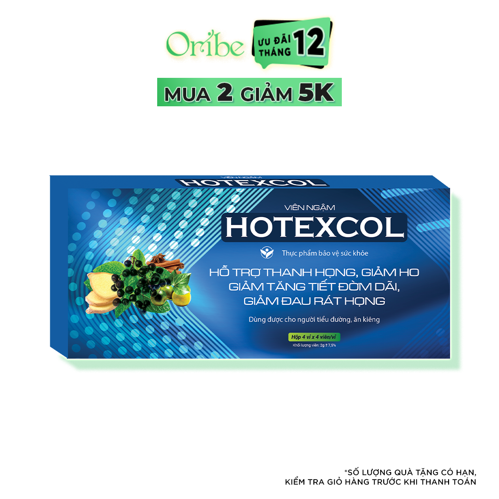 Viên Ngậm Hotexcol Hỗ Trợ Thanh Họng, Giảm Ho, Giảm Đau Rát Họng Hộp 4 Vỉ x 4 Viên