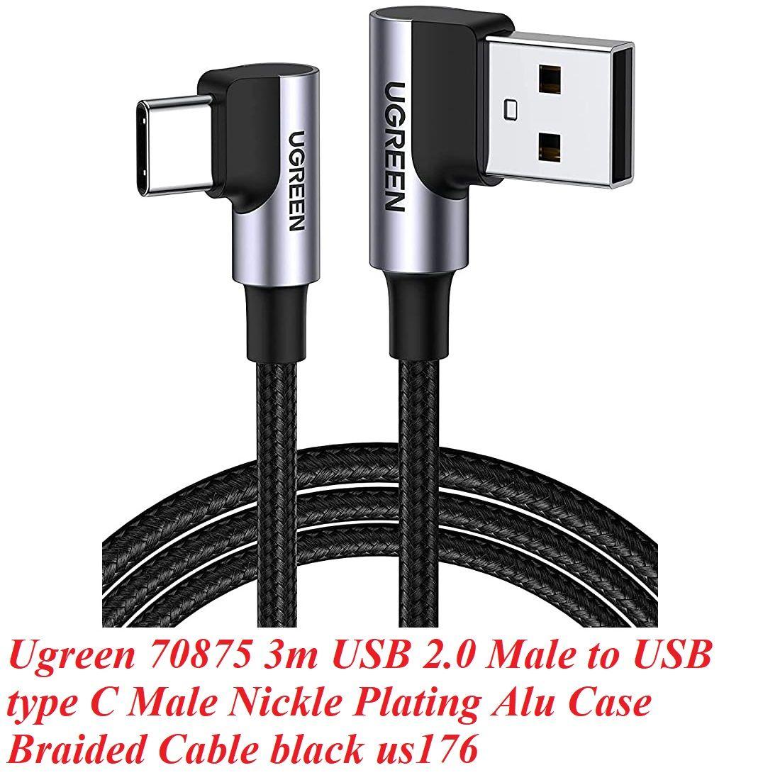 Ugreen UG70875US176TK 3M màu Đen 3A Cáp sạc , truyền dữ liệu USB 2.0 sang USB-C vuông góc 90 độ dây dù - HÀNG CHÍNH HÃNG