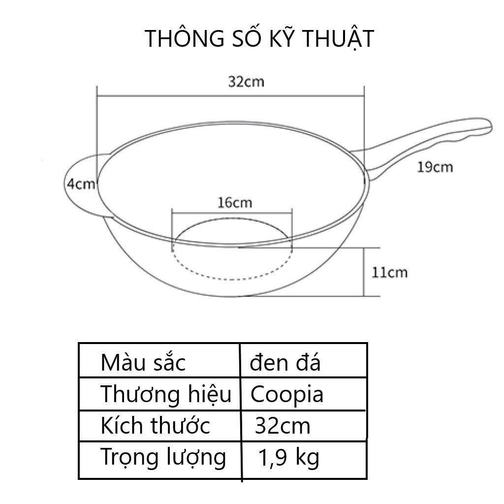 Chảo Chống Dính Vân Đá Sâu Lòng Coopia Hàn Quốc 32Cm Dùng Cho Mọi Loại Bếp - Tặng Kèm Thìa Gỗ, Vung Kính